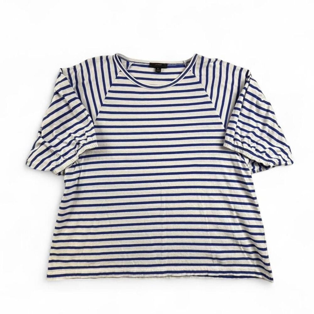 J.Crew Striped Tee Womens XL Blue White Puff Sleeve Shirt Preppy Cotton Top